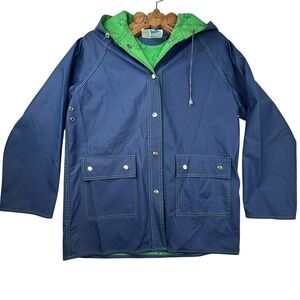 VTG‎ Rainskins Vinyl Raincoat Blue Green Teddy Bear Lining 1980s Size M -spots